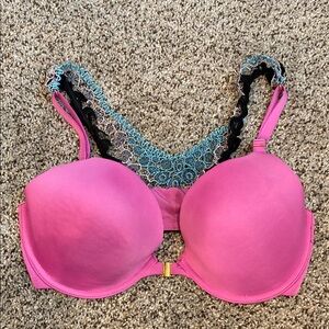 C&C Pink Front Clasp Bra with Boho Crochet Trim Design